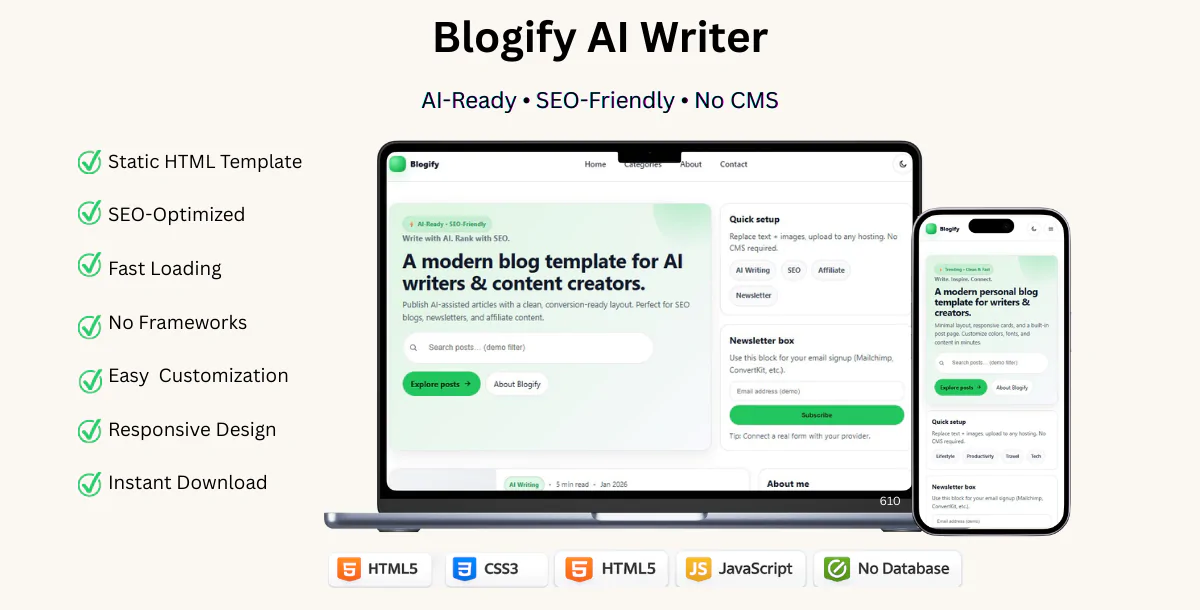 Blogify AI Writer – Modern Blog HTML Template for AI Writers & Content Creators