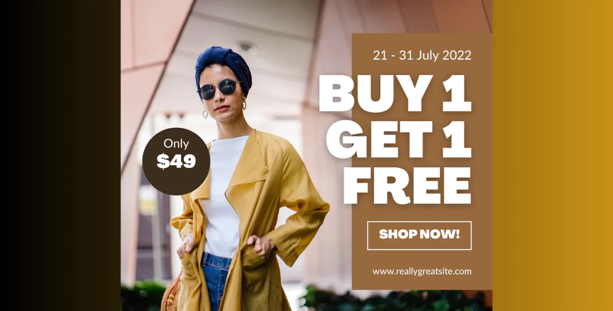 Modern Fashion Sale Banner – Canva Editable “Buy 1 Get 1 Free” Template
