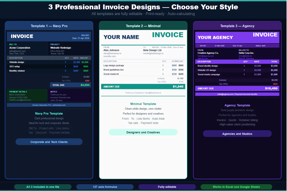 Invoice Generator Pro — Excel Template | 3 Designs + Tracker + Revenue Analytics