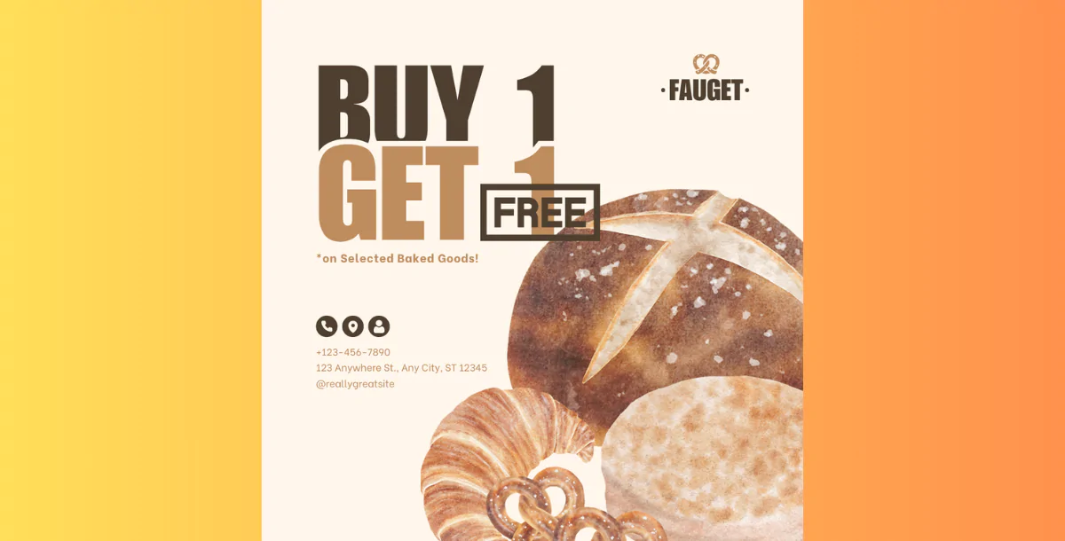 Bakery Sale Banner – Canva Editable “Buy 1 Get 1 Free” Pastry Template