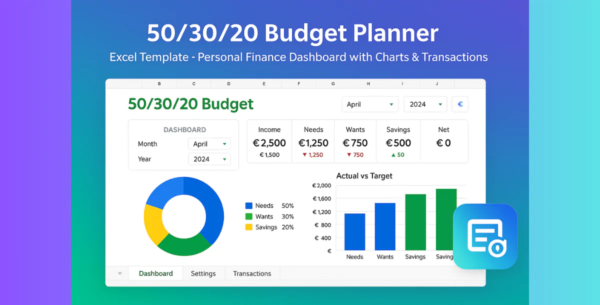 50/30/20 Budget Planner Excel Template · Personal Finance Dashboard with Charts & Transactions - New